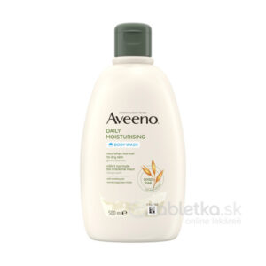 Fľaša Aveeno DAILY MOISTURISING sprchovacieho gélu 500 ml so zeleným viečkom, na etikete údaje o produkte, obsahuje ovos.