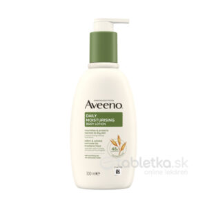 300ml fľaša Aveeno DAILY MOISTURISING telového mlieka s extraktom z ovsa pre normálnu až suchú pokožku.