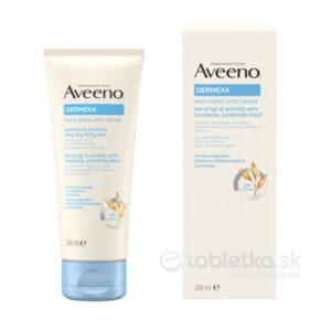 Aveeno DERMEXA DAILY emolienčný telový krém 200ml v tube a krabičke, oboje na bielom pozadí. Produkt je určený na takú pokožku.