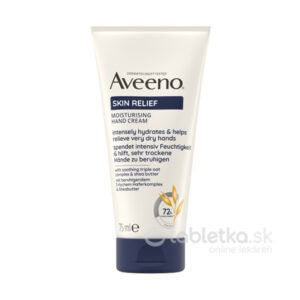 Tuba Aveeno SKIN RELIEF hydratačný krém na ruky 75ml, text uvádza hydratáciu a upokojujúcu starostlivosť o takéto ruky.