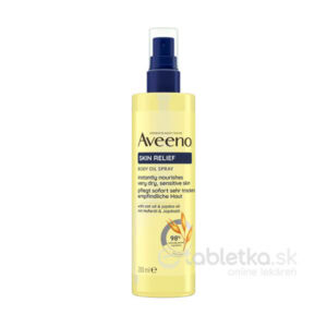 Aveeno SKIN RELIEF hydratačný telový olej v spreji 200ml s modrou pumpičkou pre suchú a citlivú pokožku.