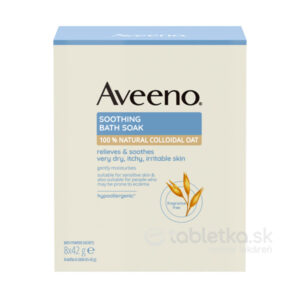Aveeno ovsený kúpeľ, 8 vrecúšok po 42g, na suchú a podráždenú pokožku. Bez parfumácie, hypoalergénny, prírodný ovos.