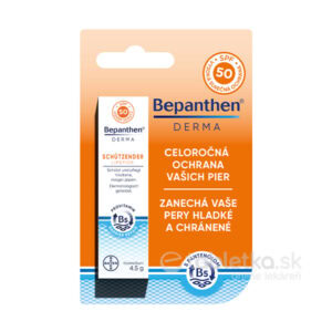Bepanthen DERMA balzam na pery SPF50 s panthenolom 4,5g so slovenským obalom, informácia o hydratácii a ochrane pier.