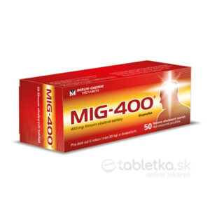 Červená a oranžová škatuľka MIG-400, 50 tabliet, filmom obalené tablety ibuprofénu na úľavu od bolesti.