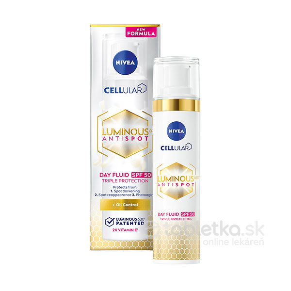 NIVEA denný krém proti pigmentovým škvrnám Cellular Luminous 40ml NIVEA denný krém CELLULAR LUMINOUS 40ml v bielozlatom obale s pumpičkou vedľa škatuľky, popis účinok a UV ochrana.