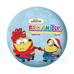 Okrúhla modrá dóza Terezia RAKYTNÍČEK+ MIMONI Vianočná guľa, 50 ks, dvaja Mimoni, vianočné prvky, český text, snehové vločky.