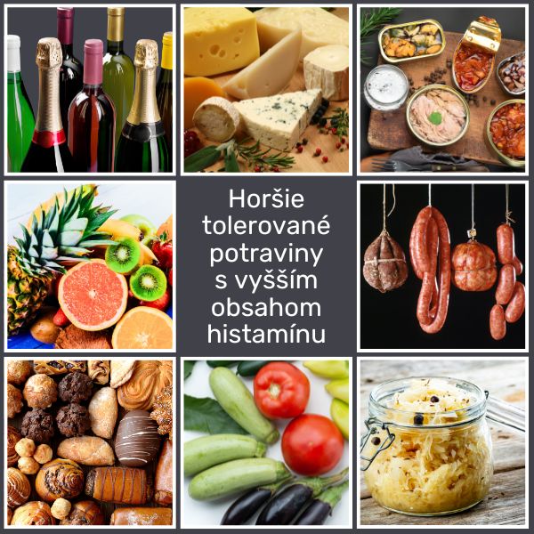 Koláž potravín: víno, syr, konzervované ryby, citrusy, údeniny, čokoláda, zelenina a kyslá kapusta s textom "Horšie tolerované potraviny pomerne bohaté na histamín"