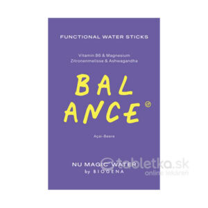 BIOGENA Nu Magic Water BALANCE 48g vo fialovom obale so žltým nápisom BALANCE, acai-berry tyčinky s B6, horčíkom, medovkou a popolčekom.