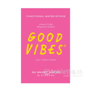 BIOGENA Nu Magic Water GOOD VIBES 54g v ružovom balení, obsahuje tyčinky do vody s vitamínom C, B6, horčíkom, makou, ružou, vanilkou a baobabom.