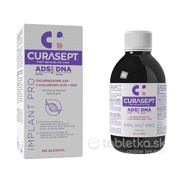 CURASEPT ADS DNA IMPLANT PRO ústna voda s chlórhexidínom 0,20% 200ml Fľaša a škatuľka CURASEPT ADS DNA IMPLANT PRO ústna voda 200 ml, chlórhexidín 0,20 %, bez alkoholu, s kyselinou hyalurónovou a DNA.