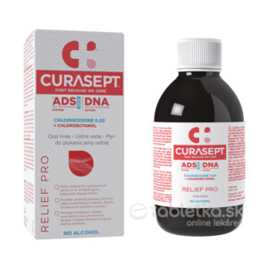 Fľaša a škatuľka CURASEPT ADS DNA RELIEF PRO ústna voda 0,20% 200 ml, označená chlórhexidínom a chlórbutanolom, bez alkoholu.