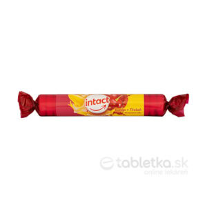 INTACT hroznový cukor banán a čerešňa 40g, valcovitá cukrovinka, na obale obrázky banánu a čerešne.