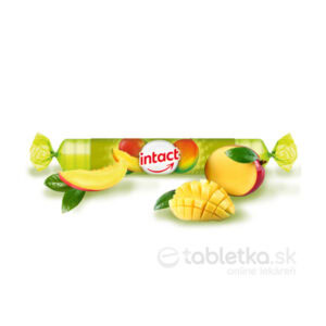 Rolka INTACT hroznového cukru s vitamínom C s príchuťou manga 40g, vedľa celého a nakrájaného manga a zelených listov.