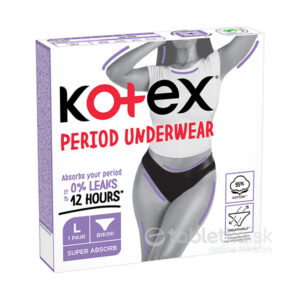 KOtEX menštruačné nohavičky veľkosti L s obalom zobrazujúcim osobu, informujú o 0% pretekaní, superabsorpcii a pohodlí.