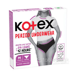 KOtEX menštruačné nohavičky M: balenie s ilustráciou ženy, označenie 0 % únikov, 12-hodinová ochrana, 95 % bavlny.
