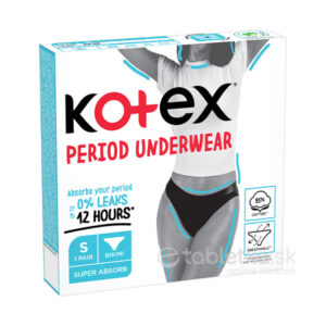 KOtEX menštruačné nohavičky veľkosť S, 1 pár v balení, 95 % bavlna, určené na absorpciu. Na obrázku žena v čiernych nohavičkách.