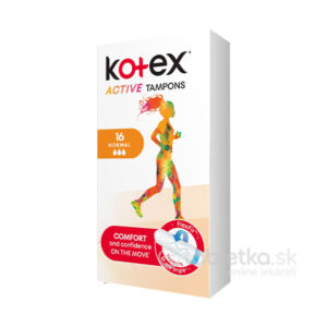 KOtEX tampóny Active Normal 16 kusov, balenie s obrázkom bežiacej ženy, určené na každodenné používanie.