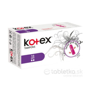 Balenie KOtEX tampóny Mini 16 kusov, predná strana s dizajnom pre otáčanie a otvorenie, jasne označené značkou a informáciami.