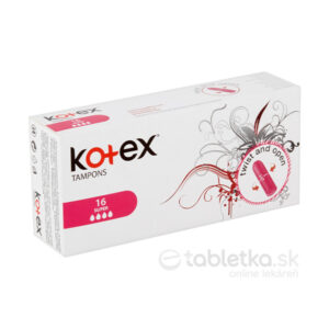 Krabica KOtEX tampónov Super 16 kusov, viditeľné logo a piktogram s návodom na otvorenie otočením na obale.