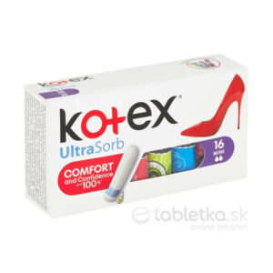 Balenie KOtEX tampónov Ultra Sorb Mini 16 kusov s obrázkom červenej lodičky na obale, informácie o pohodlí a úsporách.