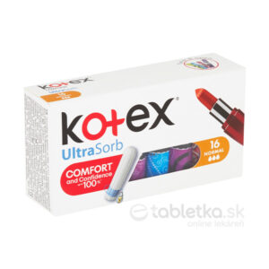 Krabica KOtEX tampónov Ultra Sorb Normal, 16 kusov, s obrázkom tampónu a nápisom "Ultra Sorb comfort assurance".
