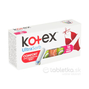Balenie KOtEX tampónov Ultra Sorb Super 16 kusov, farebné obaly, na balení je obrázok červených bicyklov.