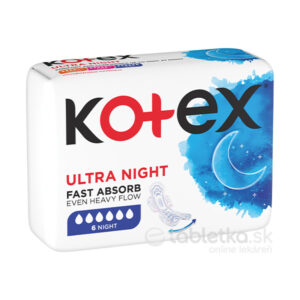 KOtEX Ultra Night 6 kusov, hygienické vložky na silnú menštruáciu s modrým mesačným motívom a ochranou počas noci.