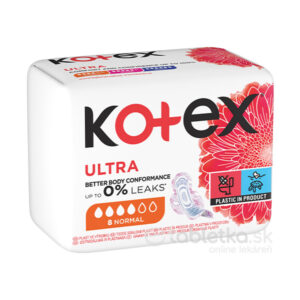 KOtEX Ultra Normal 8 ks: balenie s 8 vložkami, ochranou proti pretečeniu a plastovými prvkami.