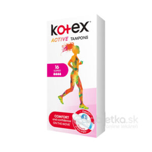 Obdĺžniková škatuľa KOtEX tampóny Active Super 16 kusov, silueta bežiacej ženy, údaje o produkte a označenie "on the move".