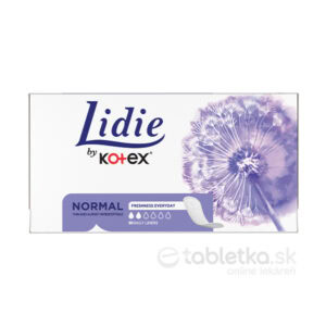 Krabica Lidie vložky Slip Normal 50 kusov s fialovým púpava motívom a označením diskrétnej ochrany na prednej strane.