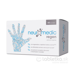 Balenie Neuromedic Regen 40 kapsúl s ilustráciou ruky s obvodmi a slovenským textom o podpore regenerácie nervov.