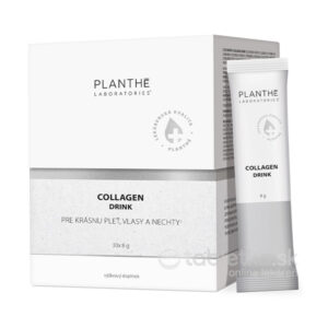 PLANTHÉ Collagen drink prášok vo vrecúškach 30x8g, balenie a sáčok, doplnok výživy na pleť, vlasy a nechty, v slovenčine.