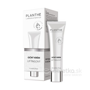 Biela škatuľka a tuba PLANTHÉ Očný krém LIFTINGOVÝ 15ml s informáciami o anti-age účinku v slovenčine na obale.
