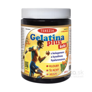 Plastová nádoba TEREZIA Gelatina Plus želé 120 ks s kolagénom a kyselinou hyalurónovou. Na etikete postava, ikony kĺbov.