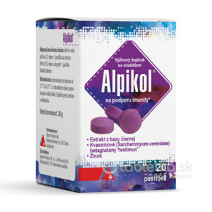 Krabička Alpikol na podporu imunity 20 pastiliek so zobrazením fialových tabuliek, obal uvádza zloženie a podporu imunity.