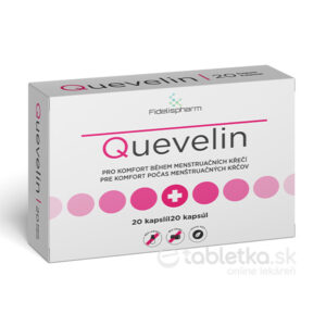 Balenie Fidelispharm Quevelin 20 kapsúl s názvom produktu a informáciami v češtine a slovenčine na úľavu menštruačných kŕčov.