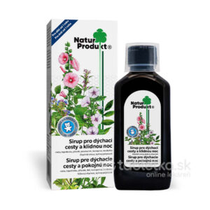 NaturProdukt Sirup pre dýchacie cesty a pokojnú noc 200ml vedľa balenia s kvetinovým motívom, český a slovenský text.