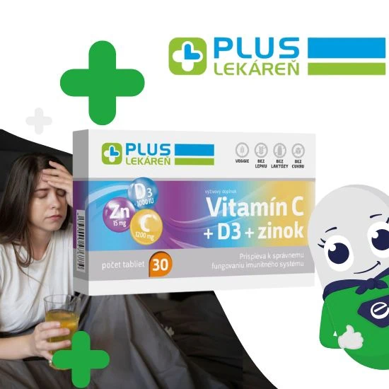 PLUS LEKÁREŇ Vitamín C + vitamín D3 + zinok (balenie 30 tabliet)