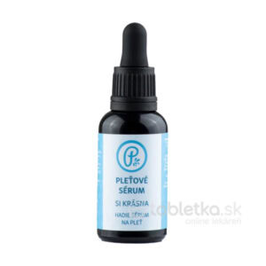 Malá čierna fľaša s pipetovým uzáverom a modrými detailmi, popis Panakeia SI KRÁSNA luxusné pleťové sérum 30ml.