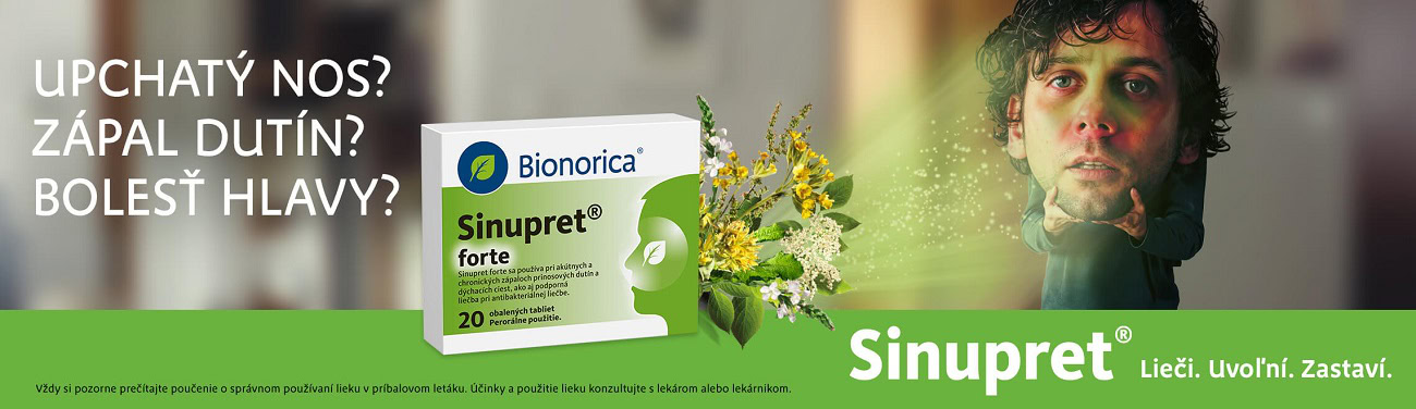 Reklama na Sinupret Forte s krabičkou lieku, liečivými rastlinami a osobou s upchatým nosom, slovenský text o zápale prinosových dutín.