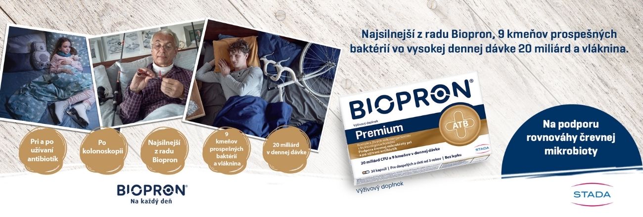 Reklama na Biopron Premium zobrazuje starších ľudí a choré dieťa v posteli, s informáciou o dávkovaní a balením vpredu.