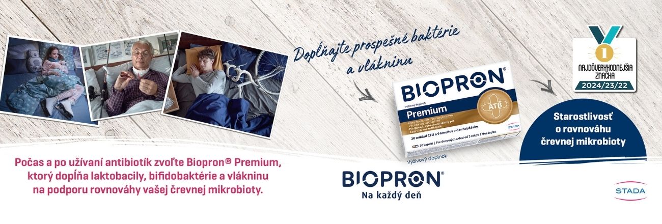 Reklamný banner Biopron Premium zobrazuje starších ľudí v posteli, balenie produktu, informácie o črevnej mikroflóre a ocenenie za najdôveryhodnejšiu značku rokov 2022 - 2024.