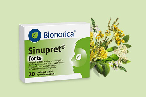 Balenie tabliet Bionorica Sinupret forte a vedľa kvitnúce bylinky, pozadie je svetlozelené.