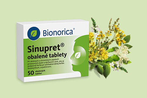 Krabička obalených tabliet Bionorica Sinupret je vedľa zväzku liečivých kvetov na svetlozelenom pozadí.
