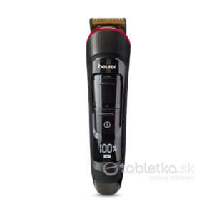 Čierny Beurer zastrihávač brady MN4X s LED displejom ukazujúcim 100 % batérie, fotený spredu na bielom pozadí.