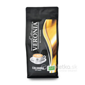 Čierny balík kávy VERONIA zrnková káva Columbia 1kg s obrázkom cappuccina v bielej šálke na prednej strane. 100% Arabica.
