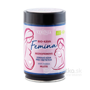 250g balenie Káva VERONIA BIO bezkofeínová Femina, mletá káva Arabica, s ilustráciami tehotných žien na obale.