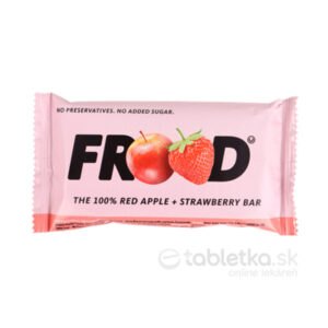 The FROOD 100% ovocná tyčinka Červené jablká a jahody 10g v ružovom obale s obrázkami červeného jablka a jahôd.