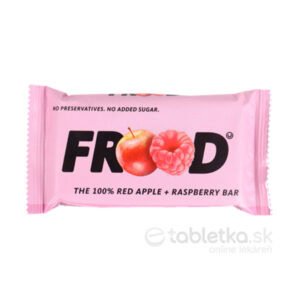 Ružový obal FROOD 100% ovocná tyčinka Červené jablká a Maliny 10g s obrázkami jabĺk a malín, bez konzervantov a cukru.