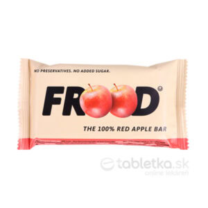 Tyčinka FROOD 100% ovocná tyčinka Červené jablká 10g, v nápise FROOD sú namiesto písmen O dve červené jablká; obal uvádza bez konzervantov a bez pridaného cukru.